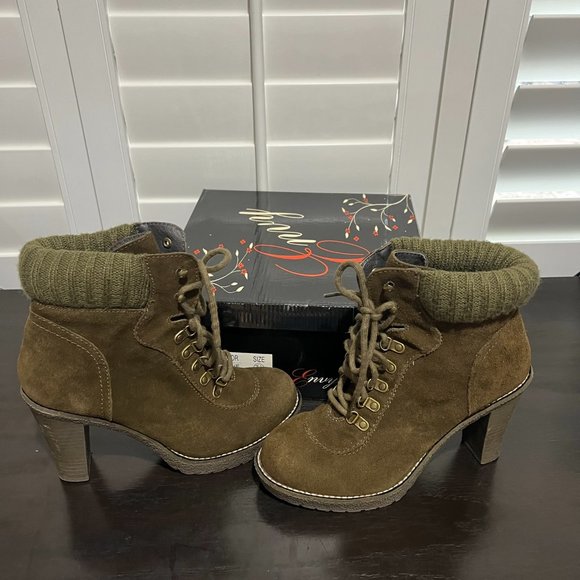 Envy Hello Lace up Suede two tone sweater collar Olive Bootie - Size 7.5 - Picture 5 of 12